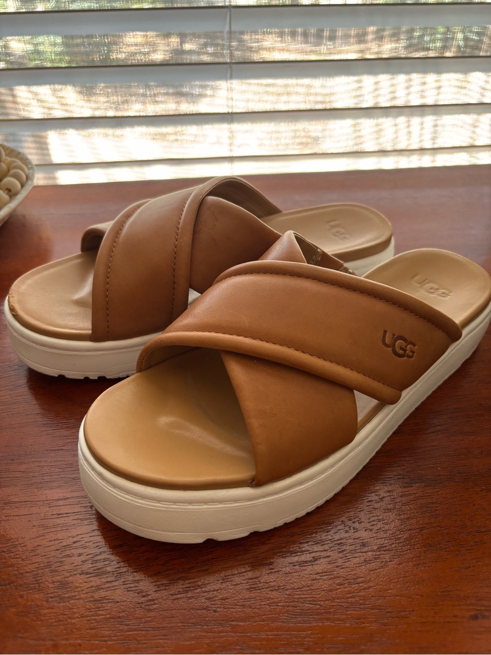 UGG Cognac Brown Crossband Slide Sandals